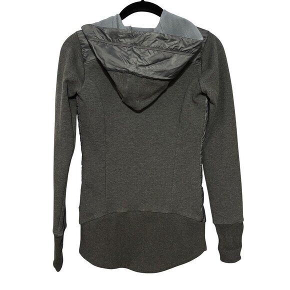 Athleta Womens XXS Gray Hooded Puffer Jacket Knit Sleeves & Asymmetrical Zipper - Picture 4 of 11